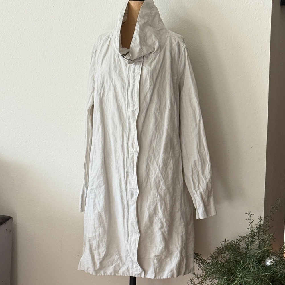 Eileen Fisher sz L Bone Rumpled Organic Cotton crinkle Cream Long Coat‎ VGUC